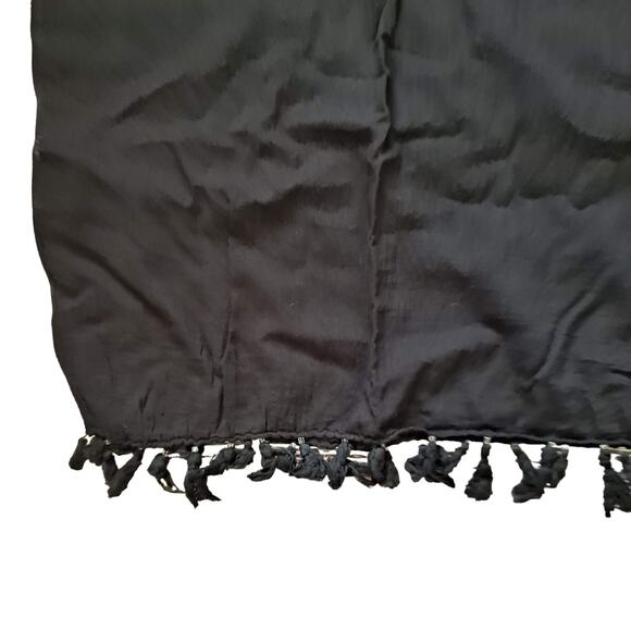 Black Cotton Rectangular Scarf with Pompom like fringes 42" X 88" - Picture 4 of 5